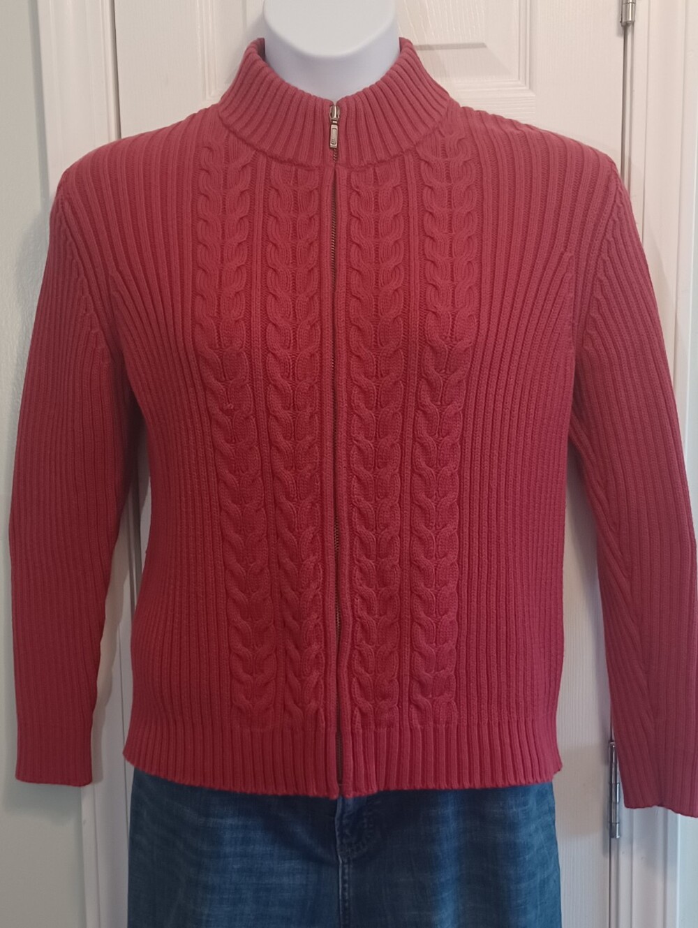 Lands' End Red Cable-Knit Full-Zip Cardigan in Medium 10/12 Classic Holiday